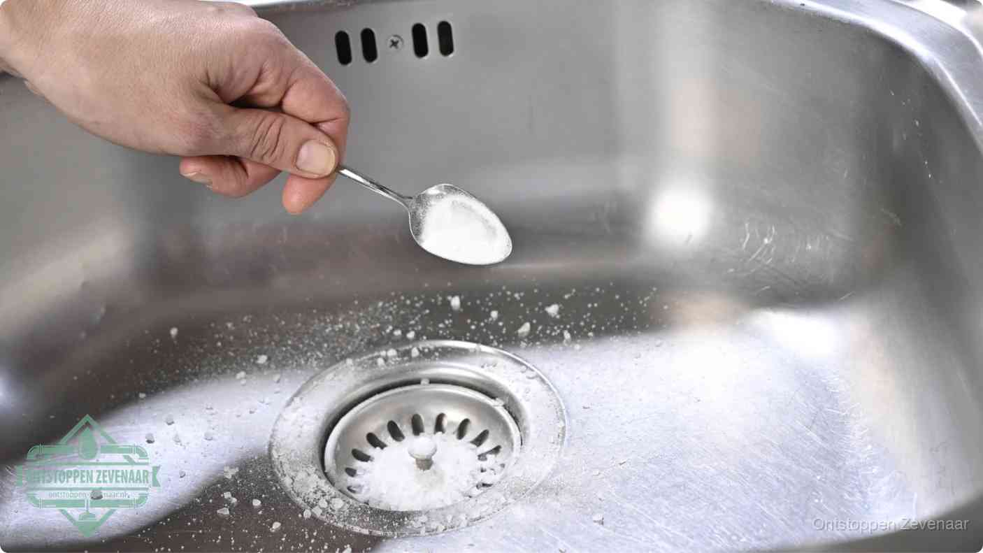 Een hand strooit met een lepel soda in de afvoer van een roestvrijstalen spoelbak, de soda en azijn huismiddel-methode om de afvoer te ontstoppen in Zevenaar