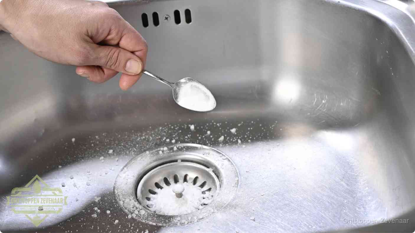 Een hand strooit met een lepel soda in een afvoerputje, de soda en azijn huismiddel-methode om de wc te ontstoppen in Zevenaar