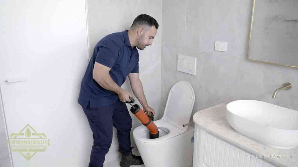Een monteur gebruikt een handmatige perspomp (toiletontstopper) op een wandcloset tijdens het professioneel wc ontstoppen in Zevenaar