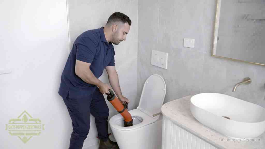 Een man gebruikt een handmatige luchtdruk-ontstopper in een modern betegeld toilet om zelf de wc te ontstoppen in Zevenaar